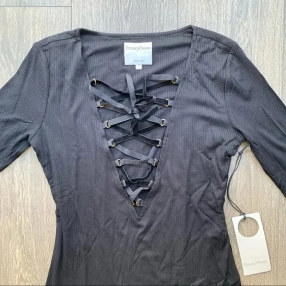 Revolve Privacy Please Glendale Mini Dress Lace Up Bodycon Black ribbed knit XS - Picture 7 of 15